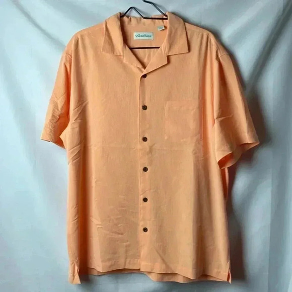 CARIBBEAN MENS SOZE LARGE BUTTON DOWN SHIRT PEACH COLOR CRINKLE LOOK CLEAN - Picture 2 of 12